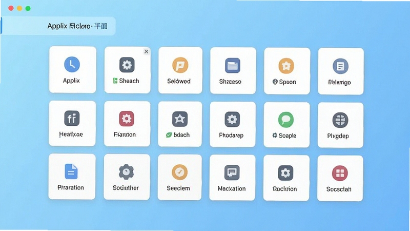 Applix快捷面板聚合功能展示,画面中央为排列整齐的功能卡片,浅蓝渐变背景,简洁扁平化视觉风格