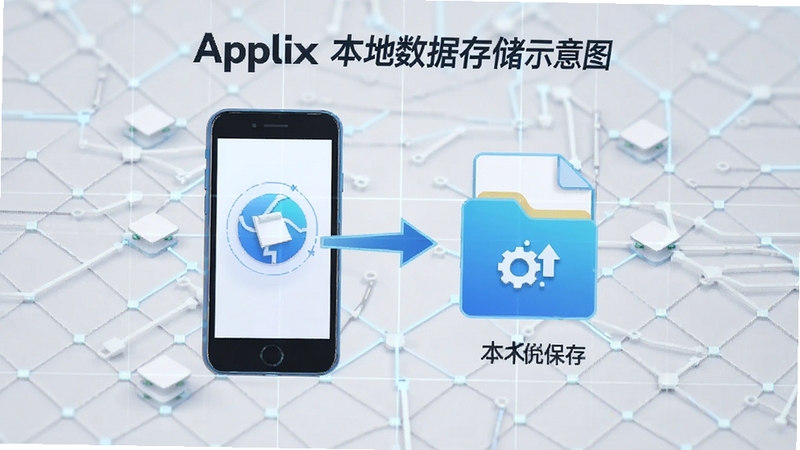 Applix本地数据存储示意图,画面主体为手机与数据文件图标组合,背景为浅灰科技感网格,突出本地保存概念