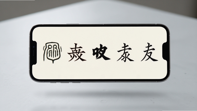 大家书法字典应用界面展示多书体检索结果,屏幕中同一汉字以篆隶楷行草五种字体并排呈现,页面背景为米白色,界面元素简洁,手机悬浮于浅灰色桌面之上,光线柔和,突出查询功能