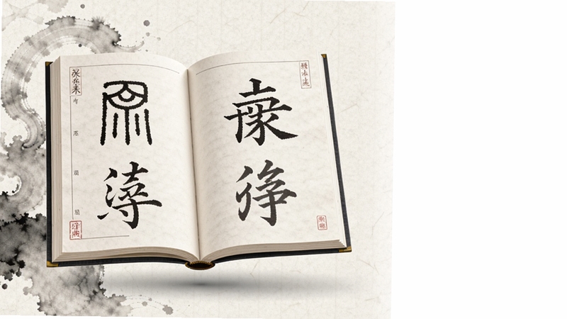 画面主体为一本悬浮打开的书法字典,页面中呈现篆书隶书楷书行书草书五种书体的同一个汉字,背景为淡雅宣纸纹理与浅墨晕染,整体风格清新简洁,突出大家书法字典应用的核心查询功能,坐标居中偏左,背景留白区域位于右侧