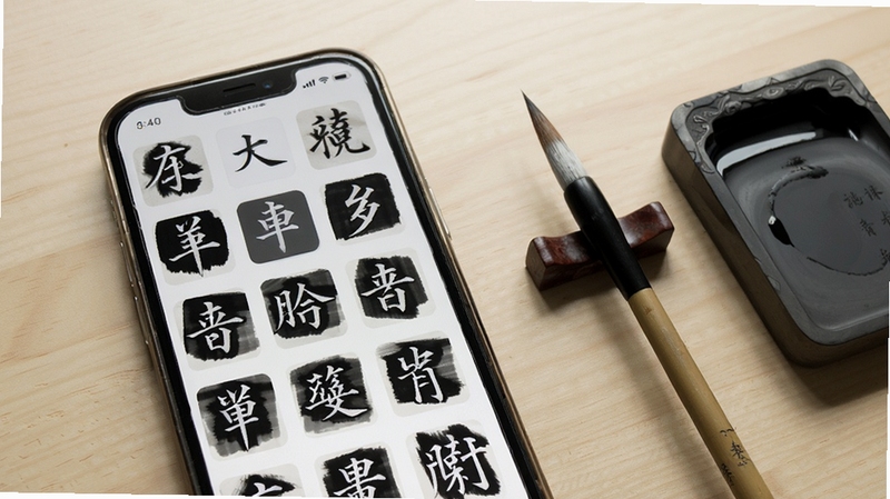 大家书法字典收藏夹界面,手机屏幕显示多个已收藏的书法单字缩略图,排列整齐,背景为浅木色桌面,旁边放置一支毛笔与砚台,整体氛围安静雅致,体现书法学习场景