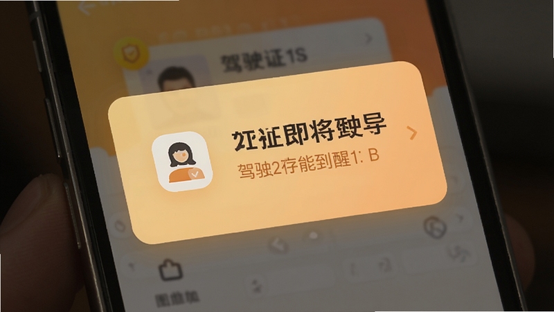 电子证件智能存查软件到期提醒功能界面,手机弹出温馨提醒卡片,显示驾驶证即将到期字样,暖色调背景,简洁图标设计
