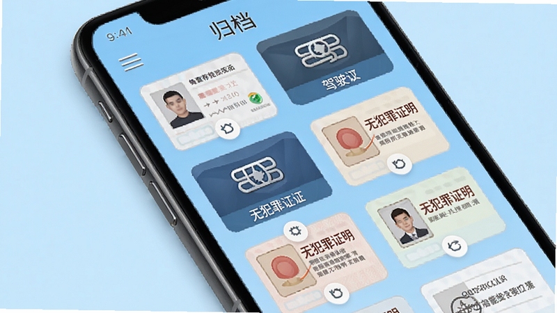 电子证件智能存查软件界面展示分类归档功能,手机屏幕中整齐排列身份证、驾驶证、无犯罪证明等证件卡片,浅蓝色背景,扁平化UI风格,高清细节