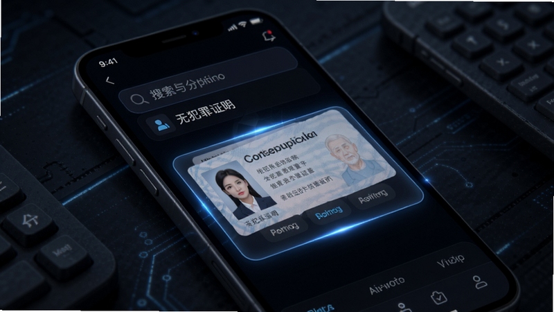 电子证件智能存查软件搜索与分享功能展示,手机界面出现搜索框输入无犯罪证明,下方弹出对应证件卡片,深色模式界面,科技感光效