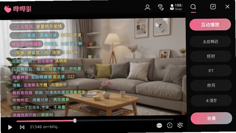哔哩哔哩BILI手机端弹幕互动播放界面,明亮简洁的UI风格,视频画面中飘过彩色弹幕,背景为客厅沙发场景,画面主体位于中央偏左,右侧留出功能按钮区域,高清细节,适配Boogu模型生成