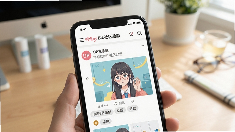 哔哩哔哩BILI社区动态页面展示,手机屏幕中呈现UP主动态图文与话题标签,背景为简约书桌环境,画面主体为手机界面特写,光线柔和,色彩清新,适配Boogu模型生成