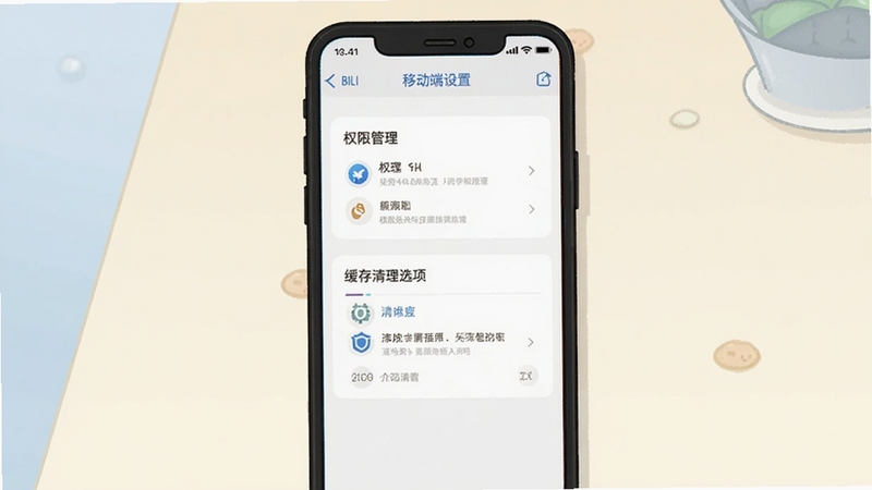BILI哔哩哔哩移动端设置界面截图风格插画,画面展示权限管理与缓存清理选项,手机置于浅色桌面,主体居中,背景简洁,适合教程配图,适配Boogu模型生成