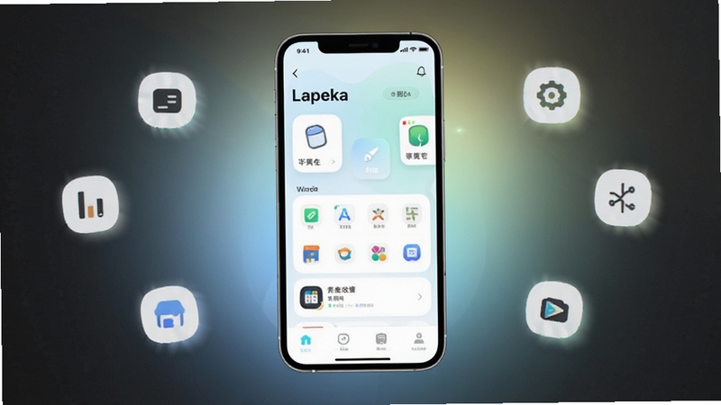 Lapeka 软件主界面全貌展示,居中构图,手机屏幕中呈现简洁清爽的工具类应用首页,浅色背景与柔和渐变光效,四周环绕轻量图标元素,整体风格干净现代,适合应用商店宣传图