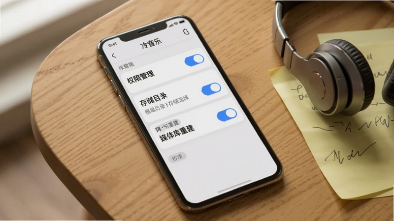 泠音乐设置页面截图风格示意图,展示权限管理、存储目录选择与媒体库重建选项,界面为浅灰底色配蓝色开关按钮,手机平放于木质桌面,旁边有耳机与便签纸,生活化场景,光线自然