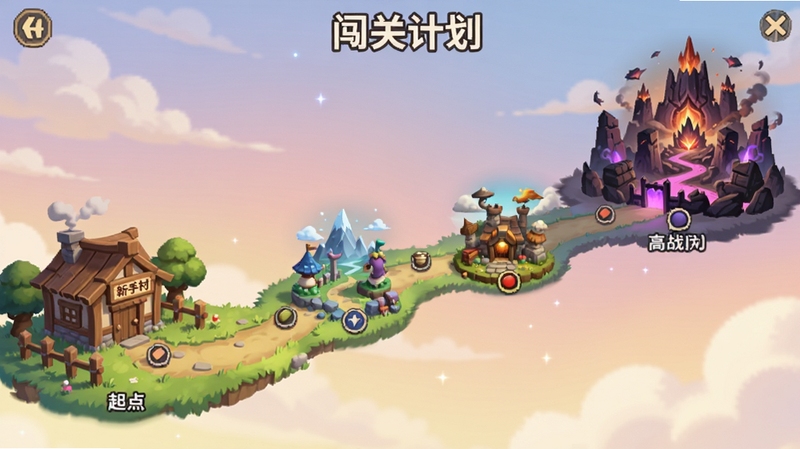 闯关计划关卡地图界面,画面中展示多个不同主题的关卡节点沿路径排列,起点处为新手村风格,终点方向为高难度挑战区域,背景为柔和渐变色天空,画面细节丰富,适配Boogu模型生成