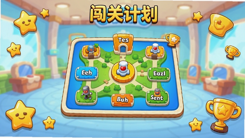 闯关计划游戏主界面全景展示,画面中央为醒目的关卡选择地图,背景为明亮清新的卡通风格游戏大厅,四周点缀星星与奖杯元素,整体色彩活泼,适配Boogu模型生成