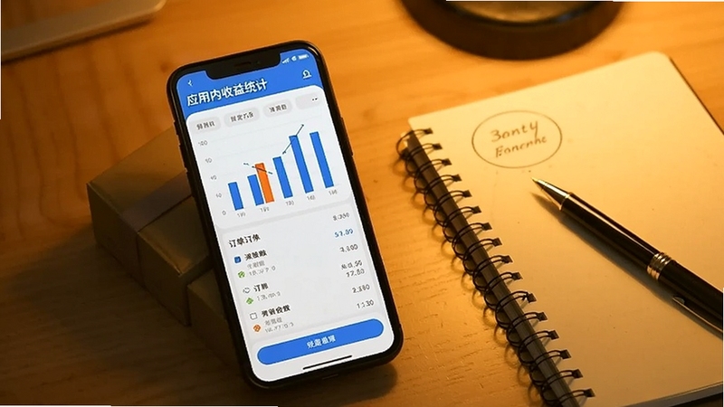 货车搬家送货司机应用内收益统计页面,手机屏幕显示柱状图与订单列表,旁边放置笔记本和笔,暖色调办公桌面场景