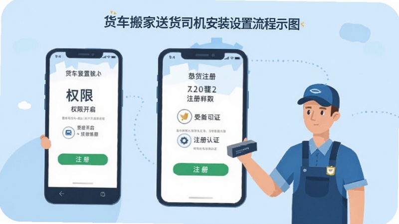 货车搬家送货司机安装设置流程示意图,手机屏幕展示权限开启与注册认证步骤,扁平化插画风格,浅蓝色背景