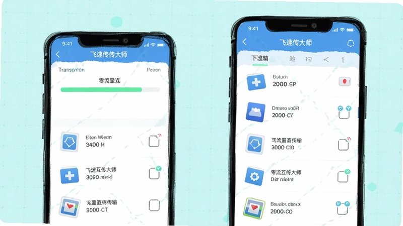 飞速互传大师应用界面截图风格插画,两部手机屏幕显示传输进度条与文件列表,背景为淡青色网格纹路,画面干净清爽,突出零流量直连传输概念