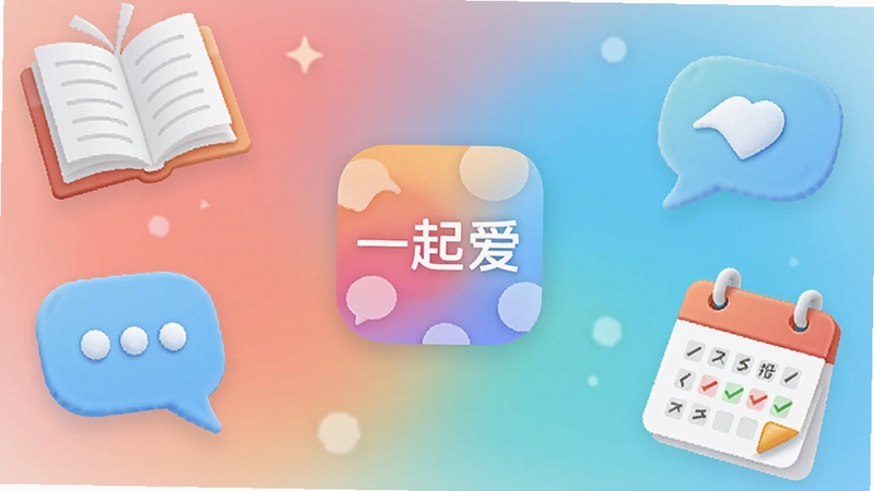 一起爱软件启动界面,画面中央放置一起爱应用图标与柔和渐变背景,四周环绕书本、对话气泡、打卡日历等元素,整体风格清新明亮,适配手机屏幕竖版构图