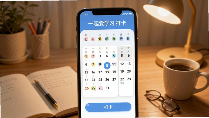 一起爱学习打卡界面,手机屏幕展示打卡日历与连续天数统计,背景为书桌场景,有笔记本、台灯、咖啡杯,画面温暖柔和,突出学习氛围