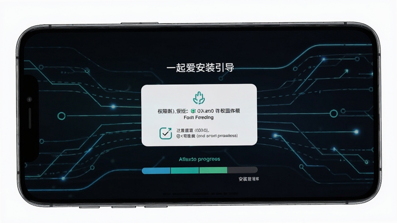一起爱安装引导页面,手机屏幕展示权限授权弹窗与安装进度条,背景为简洁的科技感线条与手机轮廓,画面清晰直观,突出操作指引