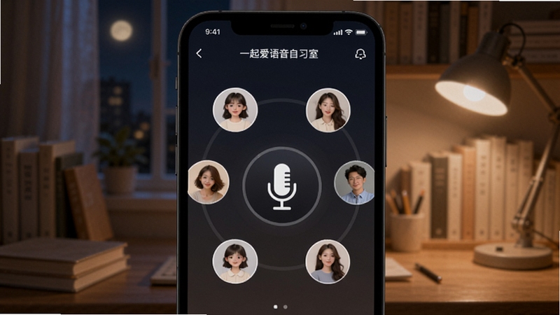 一起爱语音自习室界面,手机屏幕显示多个用户头像环绕麦克风图标,背景为夜晚书房与柔和灯光,画面安静专注,体现陪伴学习场景