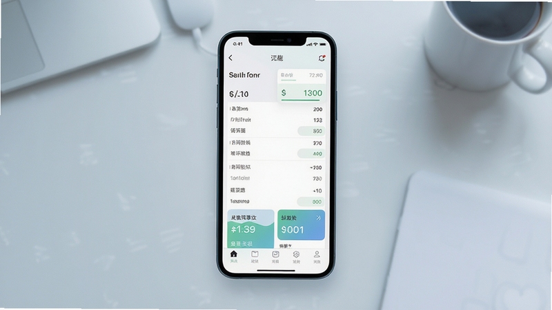计数随手记软件主界面全貌展示,画面中央是一部智能手机,屏幕显示简洁的记账列表与数字统计卡片,背景为浅灰蓝色渐变桌面环境,整体风格清爽现代,突出轻量工具属性