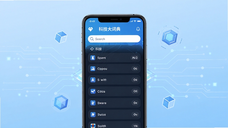 科技大词典APP主界面展示,画面中央是手机屏幕,屏幕内显示清晰的科技词汇列表和搜索框,背景为浅蓝色渐变,点缀着抽象的科技线条和几何图形,风格简洁现代,高清UI设计图