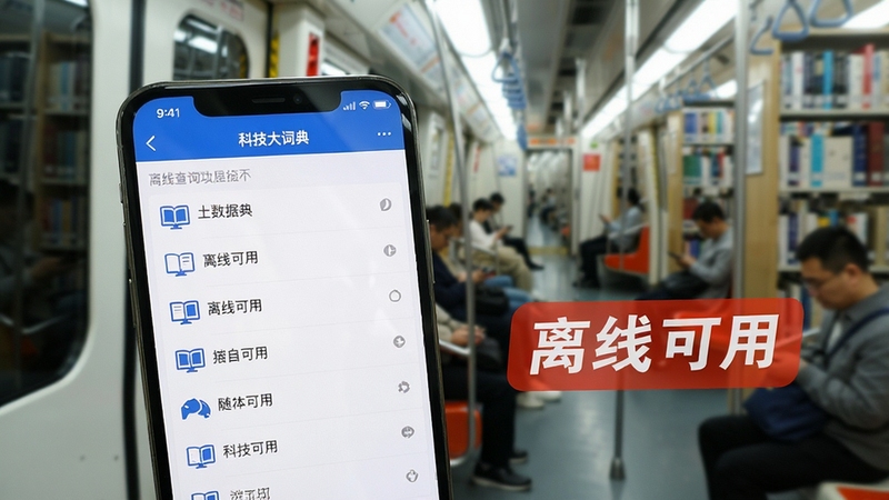 科技大词典离线查询功能展示,手机屏幕显示已下载的学科数据包列表,旁边有醒目的“离线可用”标签,背景为地铁车厢或图书馆场景的虚化处理,强调随时随地使用的便利性