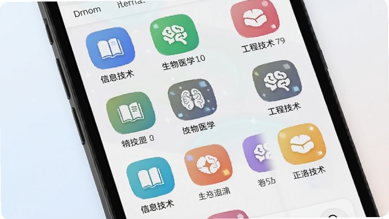 科技大词典海量词条库界面,手机屏幕显示不同学科分类的彩色图标网格,如信息技术、生物医学、工程技术等,每个图标旁有词条数量标注,背景为柔和的浅色系,突出分类清晰和内容丰富