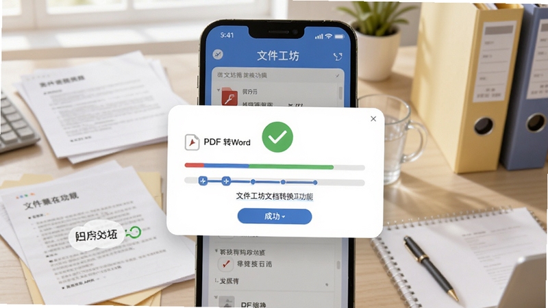 文件工坊文档转换功能展示图,画面中央为文件工坊APP界面中PDF转Word转换进度条与成功提示弹窗,背景为办公桌面场景,散落着文档纸张与文件夹,色调明亮柔和,突出转换完成后的对勾图标,适配Boogu模型生成