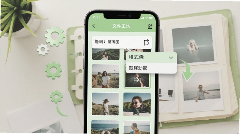 文件工坊图片批量处理界面示意图,手机屏幕内展示多张图片缩略图排列与格式选择下拉菜单,界面以浅绿色为主色调,背景为简约的相册场景,点缀齿轮与转换箭头装饰元素,整体视觉清新自然,适配Boogu模型生成