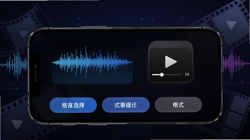 文件工坊音视频转换功能界面图,手机屏幕显示音频波形与视频播放器图标并列排列,下方为格式选择按钮,背景为深色渐变科技风格,点缀声波与胶片元素,突出多媒体处理主题,适配Boogu模型生成