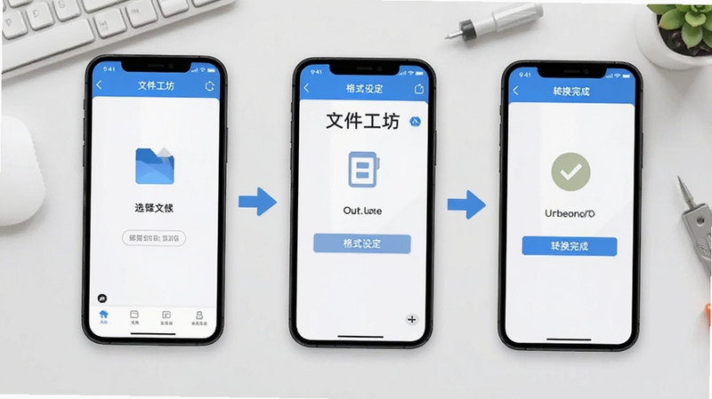 文件工坊用户操作流程图解,画面展示手机屏幕中文件工坊APP从选择文件到格式设定再到转换完成的三个步骤界面并排排列,背景为简洁的浅灰色工作台场景,点缀箭头连接各步骤,整体风格扁平化信息图样式,适配Boogu模型生成