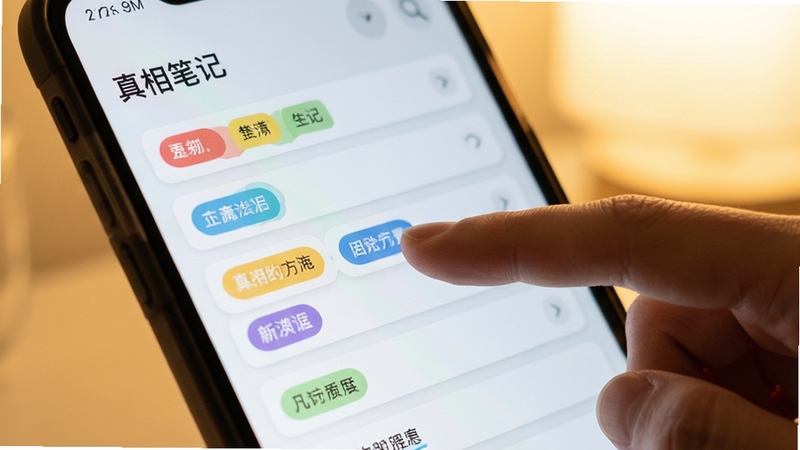真相笔记软件界面特写,屏幕中显示多条彩色标签与笔记卡片,手指正在点击标签进行筛选,背景为柔和暖光,画面风格清新简洁