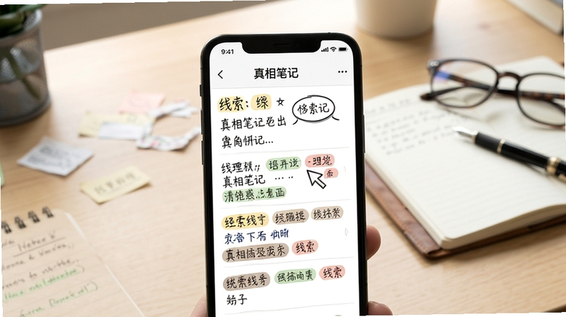 整体展示真相笔记软件主界面,画面中央为手机屏幕显示笔记列表与线索标签,背景为浅色书桌与笔记本,构图干净明亮,突出记录与推理氛围