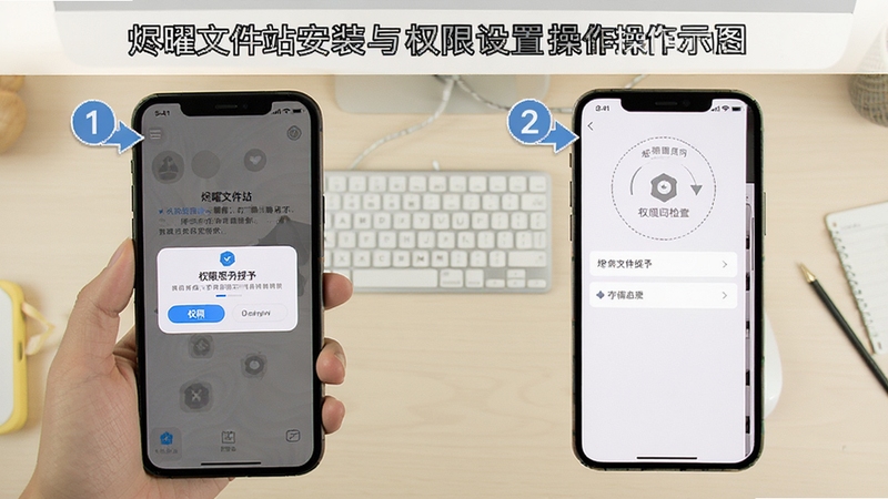 烬曜文件站安装与权限设置操作示意图,手机屏幕展示权限授予弹窗与存储空间检查界面,背景为浅色桌面环境,画面带有步骤序号标注,风格清晰直观