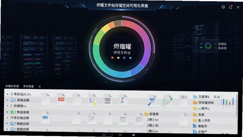 烬曜文件站存储空间可视化界面,屏幕中央为彩色环形存储占用图,下方为按体积排序的文件列表,背景为深色渐变科技感场景,环形图带有发光边缘效果