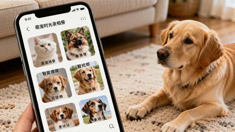 萌宠时光录相册归类界面展示,手机屏幕呈现多个以宠物名字命名的相册封面,封面图为不同品种猫狗照片,画面角落有一只金毛犬趴在地上望向手机,背景为居家地毯与沙发,光线柔和,体现智能归类的便捷