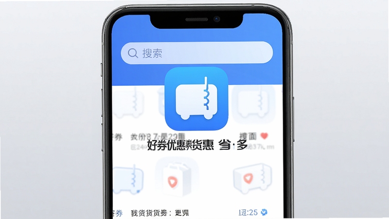 好券优惠货省多应用界面展示,手机屏幕中呈现优惠券列表与搜索框,简洁清新的蓝白配色,扁平化设计风格,背景为浅灰色渐变,画面中央放置软件图标与名称文字,整体适合应用商店宣传图使用