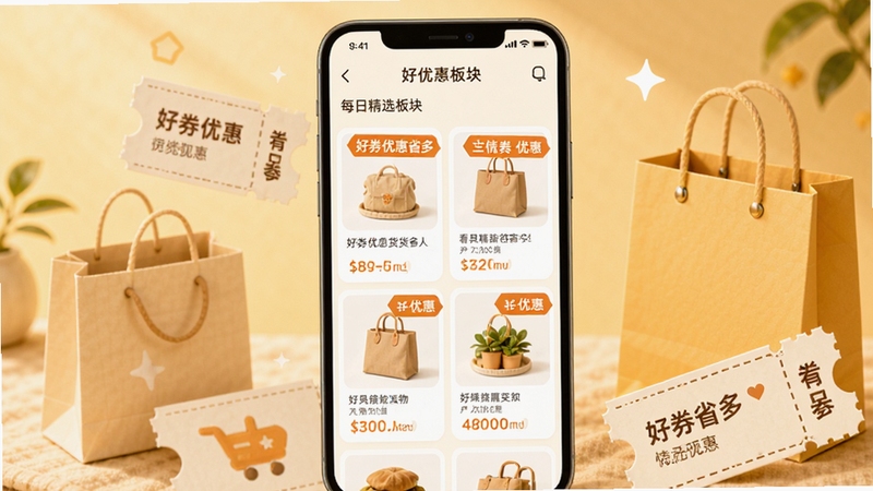 好券优惠货省多每日精选板块界面,手机屏幕显示精选商品卡片与优惠标签,暖色调背景,卡片式排列,画面中有购物袋和优惠券元素点缀,整体风格亲切自然