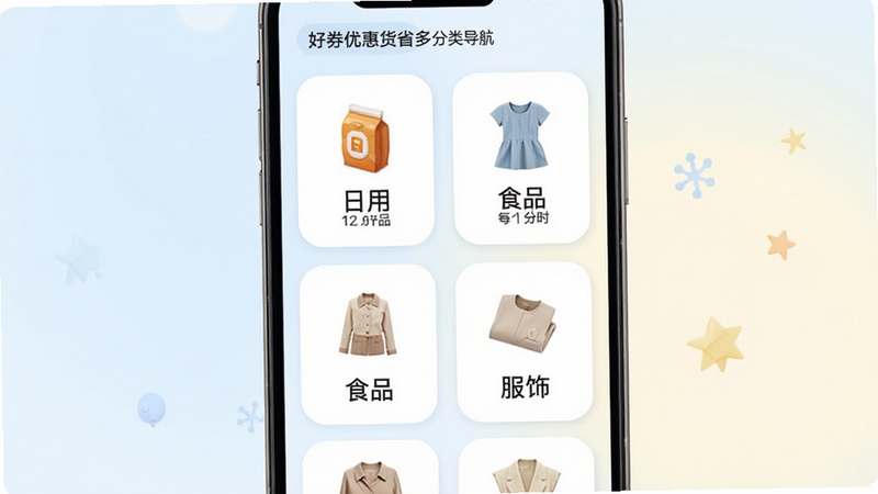 好券优惠货省多分类导航页面,手机界面展示多个商品分类图标,包含日用、食品、服饰等标签,柔和的浅色背景,圆角卡片式布局,画面清晰明亮,体现分类浏览的便捷感