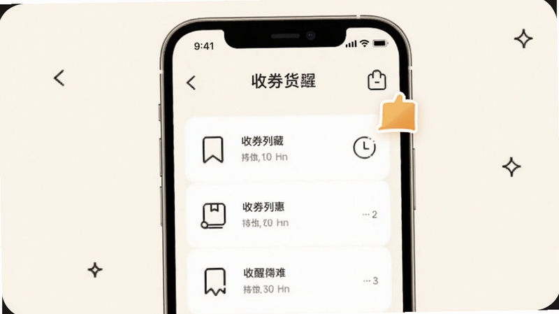 好券优惠货省多收藏功能展示,手机界面呈现收藏列表与提醒图标,淡雅的米白色背景,简洁的线条图标风格,画面中带有书签和时钟元素,突出收藏与提醒的实用性
