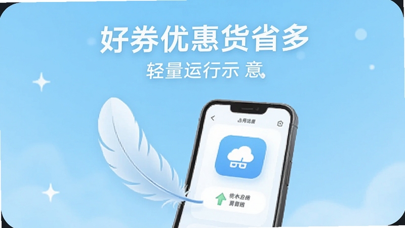 好券优惠货省多轻量运行示意,手机屏幕显示应用占用空间小的提示界面,背景为清爽的浅蓝色,画面中有羽毛和手机图标组合,表达轻巧流畅的使用感受