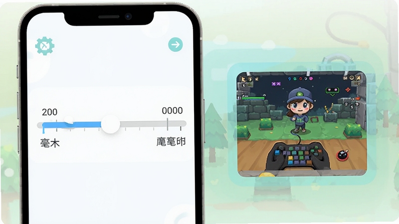 自动点击器游戏助手点击间隔设置示意图,手机屏幕显示时间滑块从200毫秒到2000毫秒的刻度条,旁边有游戏挂机场景缩略图,画面采用扁平化设计风格,色调清新明亮,适配Boogu模型生成