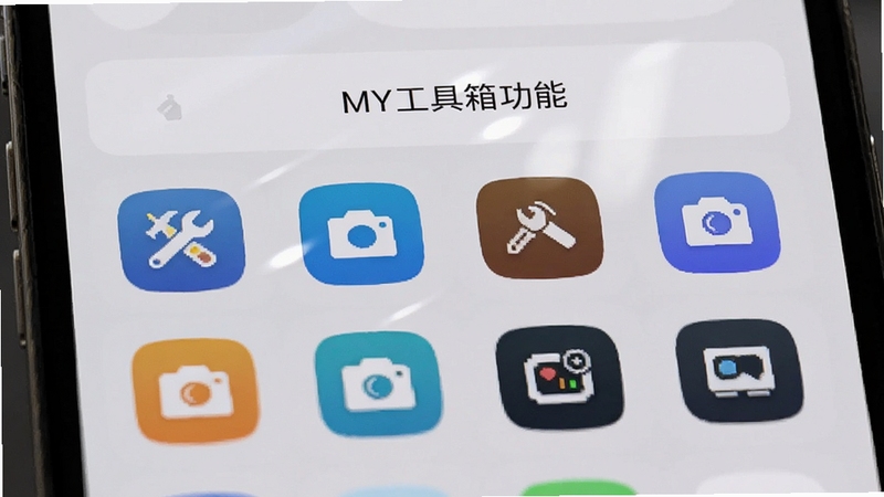 MY工具箱 功能面板特写 手机屏幕显示多个工具图标整齐排列 轻量简洁风格 浅色背景 高光反射细节 居中构图 适配Boogu模型生成