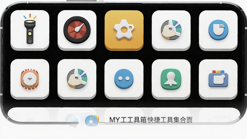 MY工具箱 快捷工具集合页面 手机界面展示手电筒指南针等小工具图标 明亮清爽风格 白色背景 图标立体感 适配Boogu模型生成