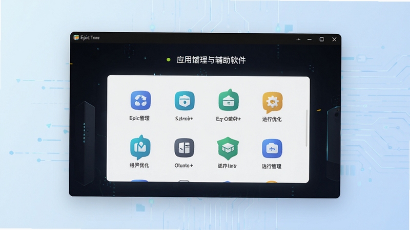 Epic工具安卓应用辅助软件主界面展示,画面中央为软件功能面板与图标排列,背景为浅色科技感渐变,突出应用管理与运行优化主题