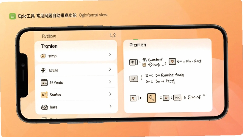 Epic工具常见问题自助排查功能页面,画面展示问题分类列表与解决步骤说明,手机界面为卡片式布局,背景为柔和暖色渐变
