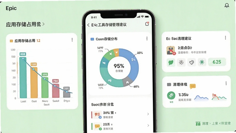 Epic工具存储管理建议界面,画面展示应用存储占用条形图与清理建议卡片,手机屏幕中央为存储空间分布示意,背景为清爽的浅绿色调