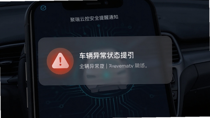 聚瑞云控安全提醒通知界面,手机弹出车辆异常状态提示卡片,背景为深色科技风格,突出提醒图标与文字信息,整体简洁直观