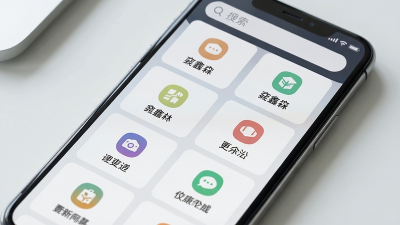 鑫淼功能聚合面板界面特写,手机屏幕内呈现网格状功能卡片布局,卡片带有不同颜色的图标与简短文字标签,顶部有搜索框,界面干净整洁,背景为浅灰白色桌面区域,光线柔和,突出界面层次感
