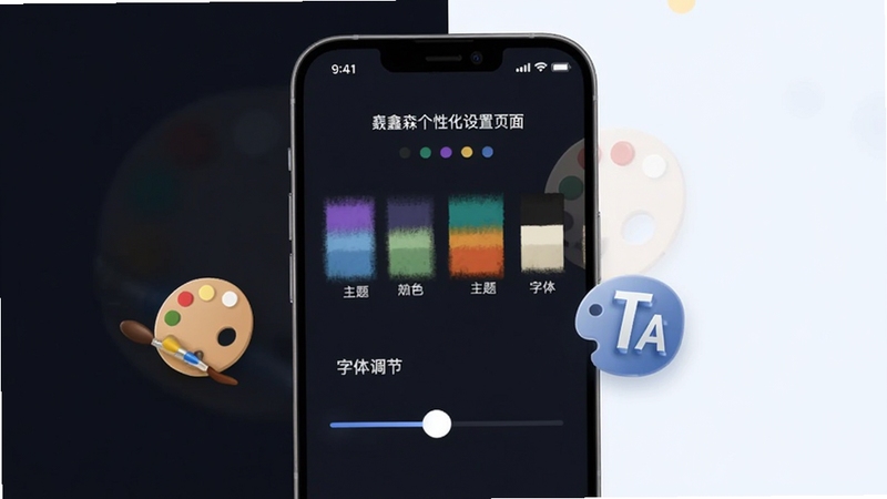 鑫淼个性化设置页面展示,手机屏幕显示主题颜色选择与字体大小调节滑块,旁边漂浮着调色盘与文字大小图标,背景为深色与浅色对半分割的创意构图,体现个性化定制概念