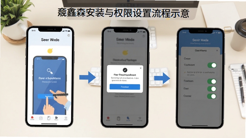 鑫淼安装与权限设置流程示意图,画面以手机界面分步展示安装确认、权限授权弹窗与设置开关,配以箭头引导线,背景为浅色办公桌面场景,风格扁平清晰,便于新手理解操作步骤